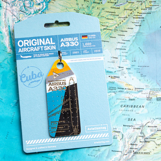 Aviationtag Airbus A330 D-AXGA Cuba Aircraft Tag Edition Mood of multicolored Plane Tag on Worldmap