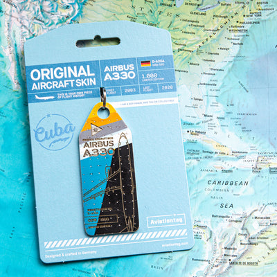 Aviationtag Airbus A330 D-AXGA Cuba Aircraft Tag Edition Mood of multicolored Plane Tag on Worldmap