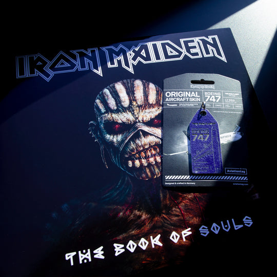 Aviationtag x Iron Maiden Ed Force One Edition Boeing 747 TF-AAK Aircraft Tag - Blue Aviationtag on Book of Souls Cover